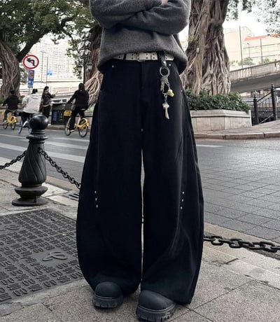 【爆款現貨+預購】美式鉚釘拼接闊腿寬褲1