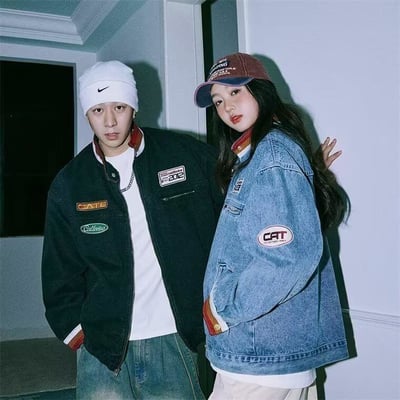 【預購】美式復古撞色拼接立領徽章牛仔夾克3