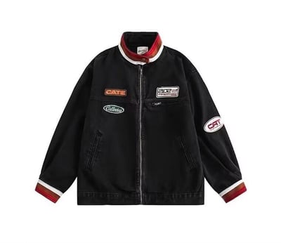 【預購】美式復古撞色拼接立領徽章牛仔夾克11