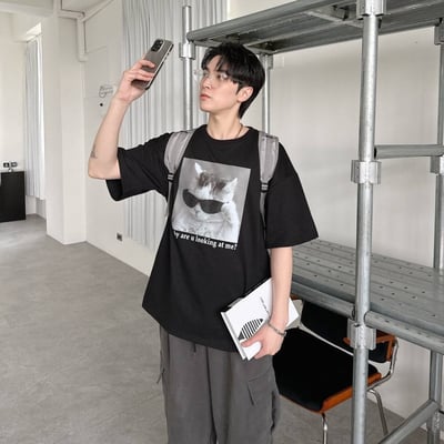 【情侶姊妹一起穿!!!現貨】墨鏡貓咪印花短T5