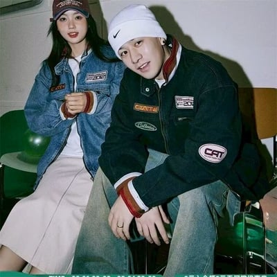 【預購】美式復古撞色拼接立領徽章牛仔夾克5