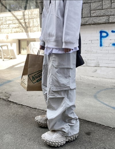 【現貨】立體壓褶工裝口袋防潑水闊腿風褲4