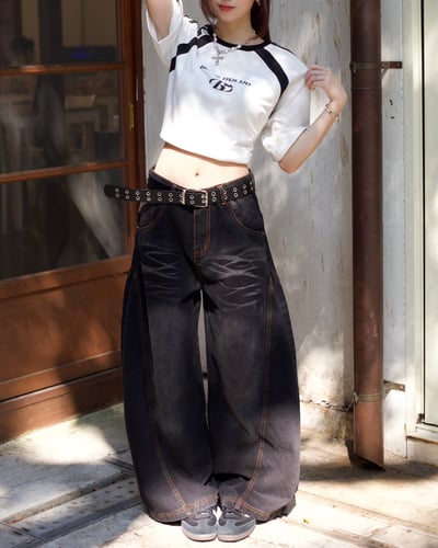 【腿長爆款來襲!!!】閃電裂痕水洗彎刀褲5