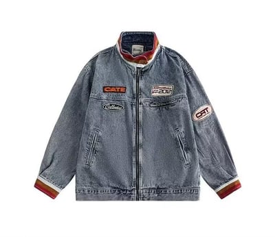 【預購】美式復古撞色拼接立領徽章牛仔夾克10