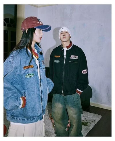 【預購】美式復古撞色拼接立領徽章牛仔夾克8