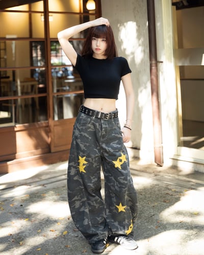 【街頭狠角必帶款】街頭星星迷彩彎刀褲8
