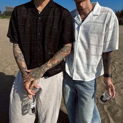 【夏日必買現貨】海灘簍空紋短版短袖襯衫1