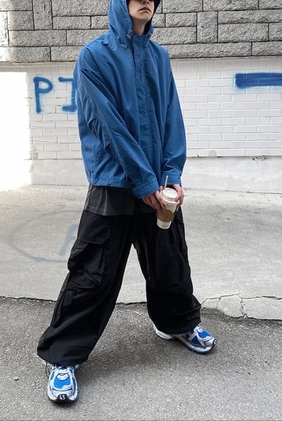 【現貨】立體壓褶工裝口袋防潑水闊腿風褲1