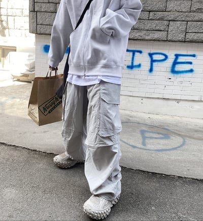 【現貨】立體壓褶工裝口袋防潑水闊腿風褲5