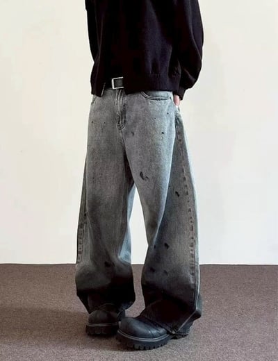 【潮流必備現貨】復古潑墨畫彎刀牛仔褲2