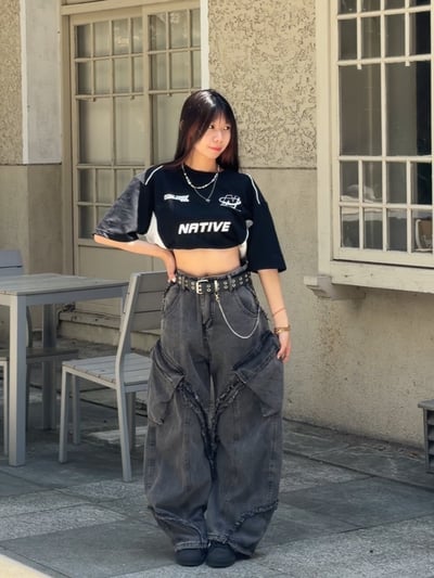 【街頭狠貨】層次抽鬚毛邊寬褲1