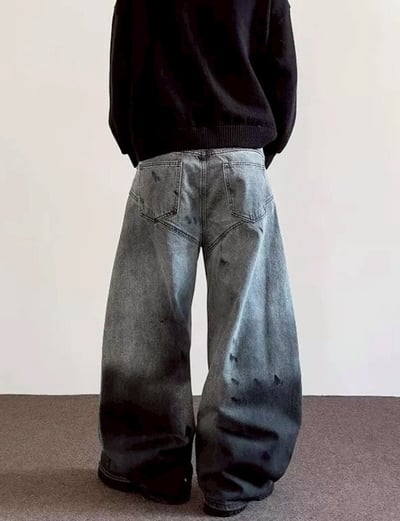 【潮流必備現貨】復古潑墨畫彎刀牛仔褲3