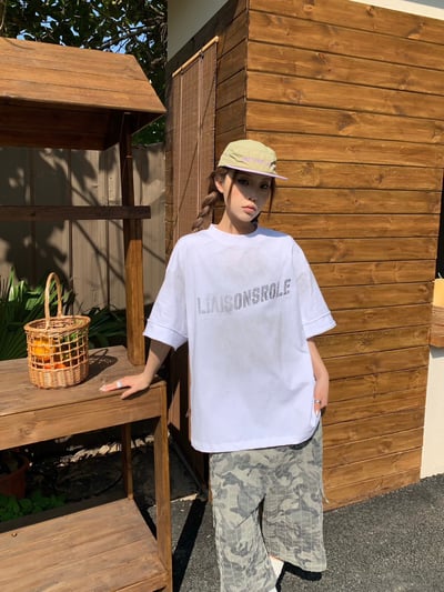 【前後不同色!!!帥酷單品】美式手袖拼接做舊重磅短T7