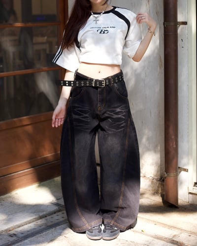 【腿長爆款來襲!!!】閃電裂痕水洗彎刀褲1