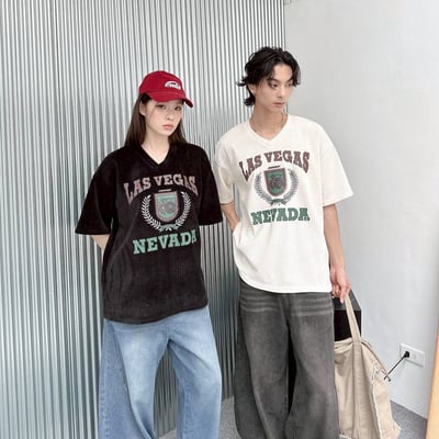 【現貨】LAS VEGAS剝落感燈心絨印花短T5