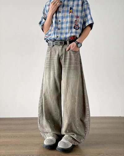 【潮流必備現貨】復古潑墨拖地顯瘦彎刀褲1