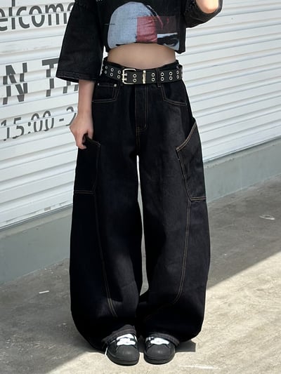 【爆款警告!!!】黑曜丹寧大口袋彎刀褲1