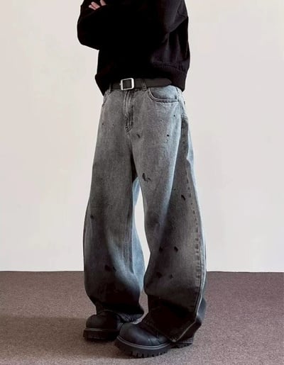 【潮流必備現貨】復古潑墨畫彎刀牛仔褲4