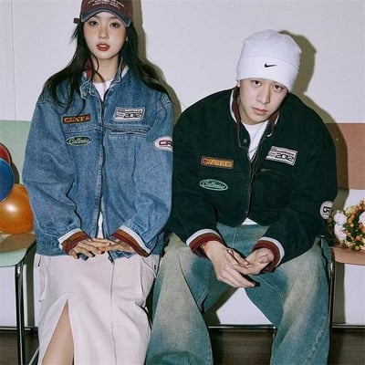 【預購】美式復古撞色拼接立領徽章牛仔夾克2