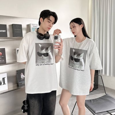 【情侶姊妹一起穿!!!現貨】墨鏡貓咪印花短T9