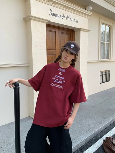 【質感刺繡不能錯過!】美式拼接領刺繡重磅短T9