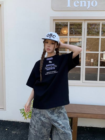 【質感刺繡不能錯過!】美式拼接領刺繡重磅短T8