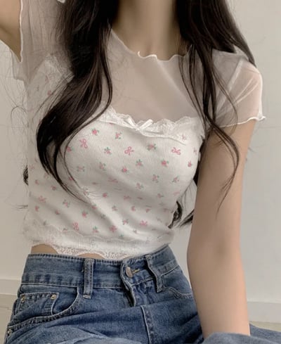 拼接網紗 小花T 滾邊蕾絲1