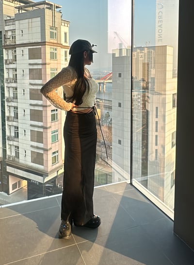 綁帶設計 拼接透膚開衩長裙12