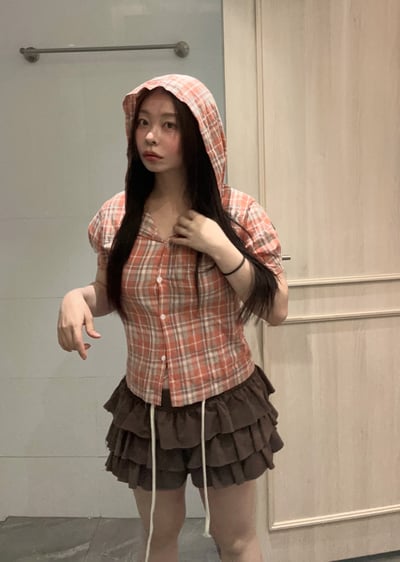 D（2色）格紋連帽襯衫 8551