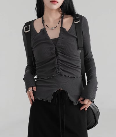 假兩件 抓皺倒V上衣3