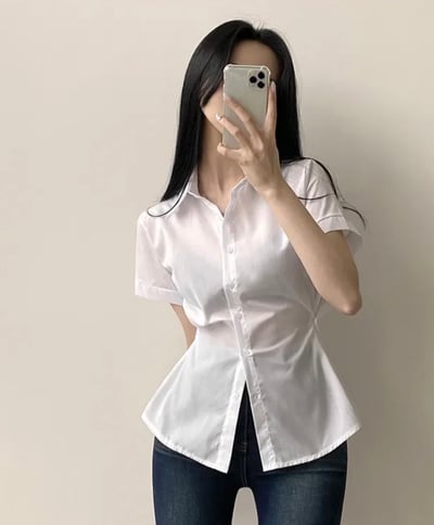 (包色優惠）Karina 收腰襯衫 短袖版 （腰間調節扣）14