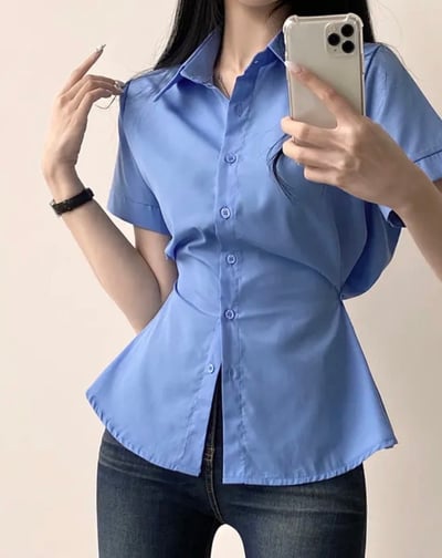 (包色優惠）Karina 收腰襯衫 短袖版 （腰間調節扣）15
