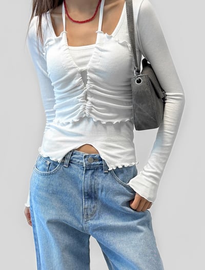 假兩件 抓皺倒V上衣9