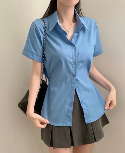 (包色優惠）Karina 收腰襯衫 短袖版 （腰間調節扣）10