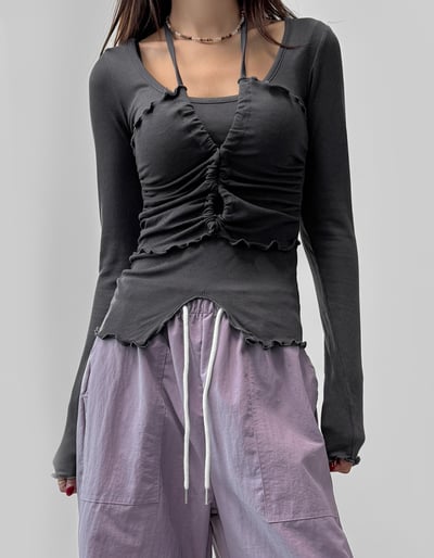 假兩件 抓皺倒V上衣7