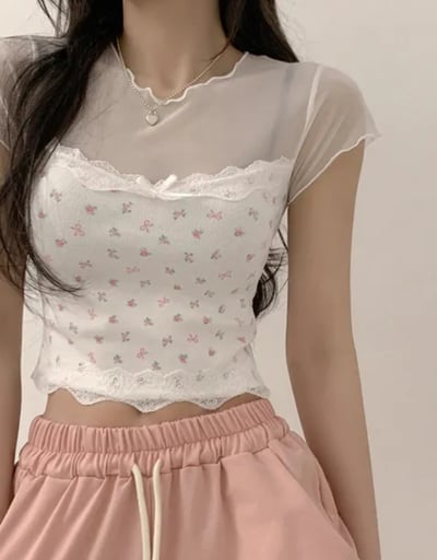 拼接網紗 小花T 滾邊蕾絲5