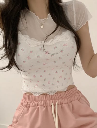 拼接網紗 小花T 滾邊蕾絲6
