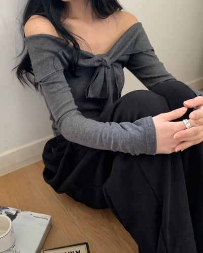 大翻領綁帶 平口斜肩 春裝4