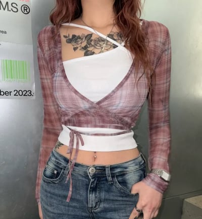 網紗綁帶 格紋罩衫3