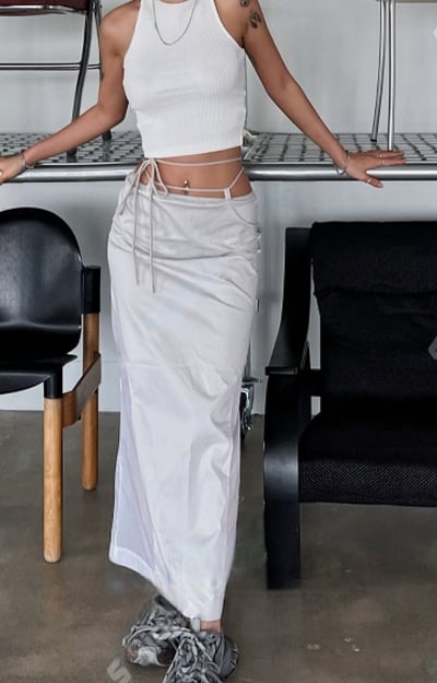 綁帶設計 拼接透膚開衩長裙1