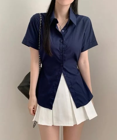 (包色優惠）Karina 收腰襯衫 短袖版 （腰間調節扣）11