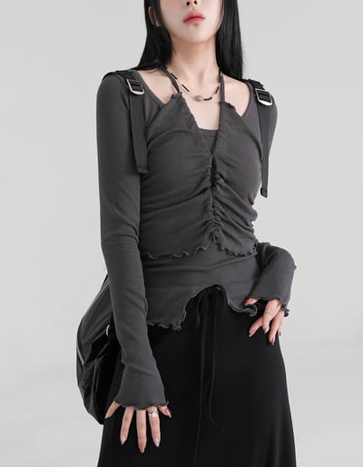 假兩件 抓皺倒V上衣5