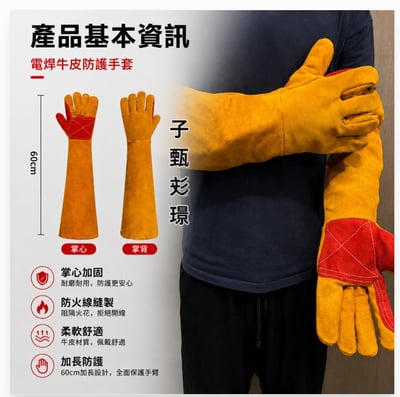 ~子甄彣璟~60公分加長電焊手套 銲接手套 氬焊手套 牛皮手套 防護手套 五指電焊手套 防咬手套 防燙耐磨 防火花8