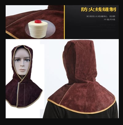 ~子甄彣璟~牛皮焊工護頸帽 電焊帽 氬焊 CO2 燒焊 防火花防護帽 防燙防塵披肩帽 電銲面罩 風帽 工作帽   7