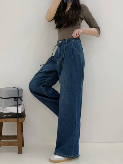 前釦拉鍊腰穿繩打摺牛仔寬褲*1色 K740073