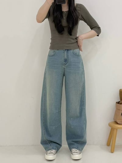 特殊復古洗彈力牛仔剪裁彎刀褲*2色 K740043