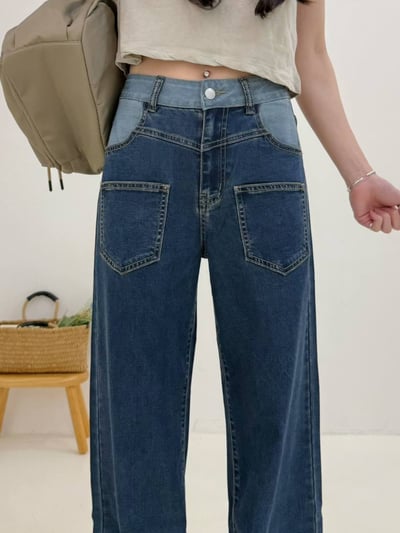 撞色假雙層褲頭復古彈力牛仔寬褲*1色 K740093