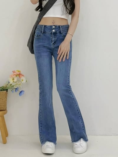 雙釦編織腰角口不規則剪裁喇叭牛仔褲*1色 K740034