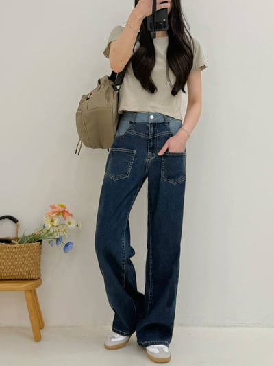 撞色假雙層褲頭復古彈力牛仔寬褲*1色 K740091