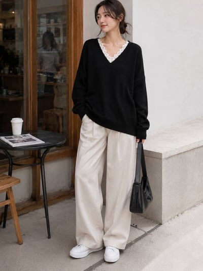 蕾絲V領寬鬆針織上衣 *3色 B119497
